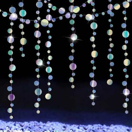 Vista 6 de Cheerland Guirnaldas circulares iridiscentes bajo el mar, decoraciones holográficas para fiesta del océano, serpentinas colgantes para sirena