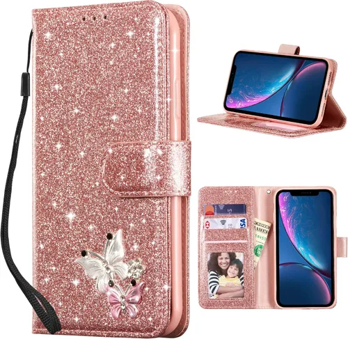Vista 20 de UEEBAI Funda tipo cartera para iPhone 11, funda de piel sintética con purpurina para teléfono, ranuras para tarjetas, funda con función atril Negro
