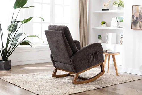 Vista 6 de Mecedora de madera tapizada de tela, silla mecedora de respaldo alto copetuda con asiento y respaldo acolchados, silla mecedora para cuarto de bebé