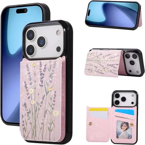 Vista 9 de UEEBAI Funda tipo cartera para iPhone 13 con tarjeteros, piel sintética, diseño floral, función atril, bloqueo RFID, doble cierre magnético, funda