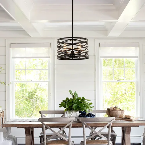Vista 2 de Candelabros de granja para comedor, iluminación colgante de 3 luces para isla de cocina, tambor negro, lámpara rústica para colgar en el techo