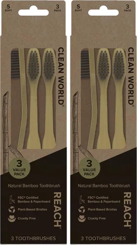 Vista 7 de Reach Clean World - Cepillos de dientes de cerdas suaves de bambú natural, 3 unidades Cerdas a base de plantas, bambú y cartón con certificación