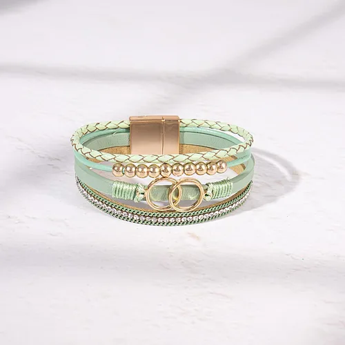 Vista 4 de FANCY SHINY Pulseras bohemias de cuero, pulseras de cuentas doradas para mujer, pulseras apilables del infinito, joyas con cierre, Sin gemas.