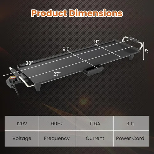 Vista 8 de COSTWAY Plancha Eléctrica de 27", Parrilla Teppanyaki Extra Grande con Temperatura Ajustable, Superficie Antiadherente, Mangos Aislados y Bandeja