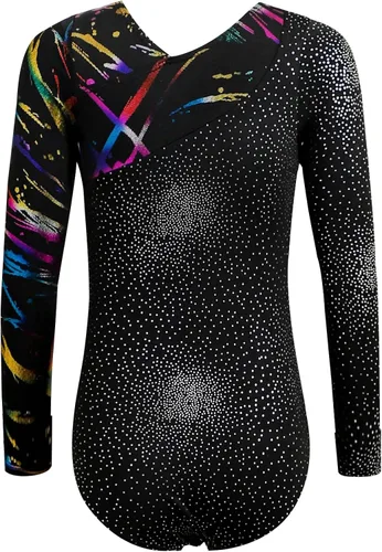 Vista 3 de HOZIY Leotardos de gimnasia para niñas, sin mangas, manga larga, copos de nieve, azul, morado, lentejuelas, cintas coloridas, rayas de leopardo rosa