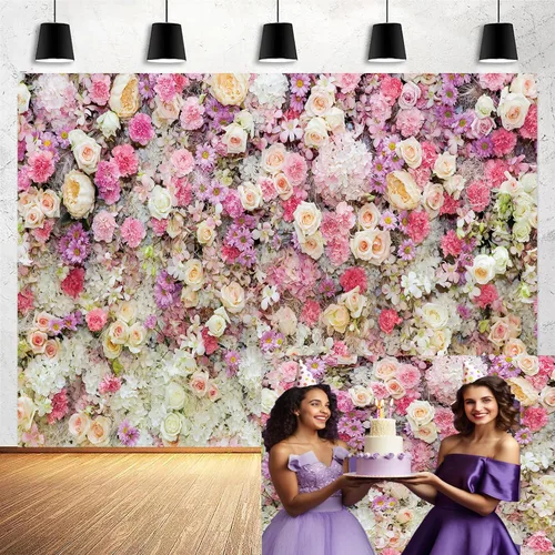 Vista 16 de Telón de fondo de flores de primavera de 5 x 3 pies para sesión de fotos de flores rosas y flores, decoración de fiesta de té, telón de fondo