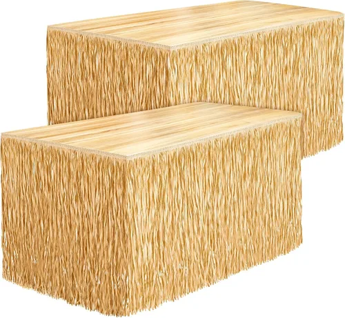 Vista 12 de Fovths 1 paquete de falda de mesa de hierba Luau con flecos de papel, falda de paja oscura de 108 x 30 pulgadas, faldas de mesa hawaianas