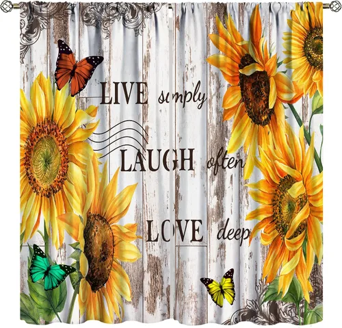 Vista 21 de Sunflower Curtains for Living Room Bedroom, Spring Nature Blue Sky and Butterfly Window Drapes, Rustic Wooden Fence Floral Botanical Decor, 2 Panels