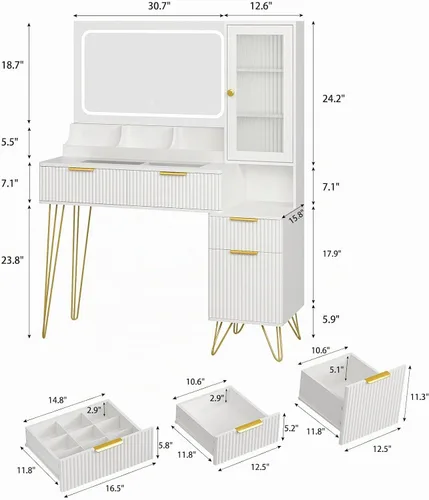 Vista 6 de Escritorio de tocador de 43 pulgadas con espejo y luces, mesa de tocador de maquillaje con 4 cajones, tocador blanco para dormitorio, escritorio