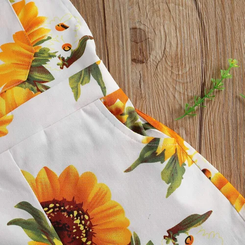 Vista 4 de Overol con estampado de girasol para niña pequeña, pantalones cortos con tirantes y bolsillo, ropa de verano