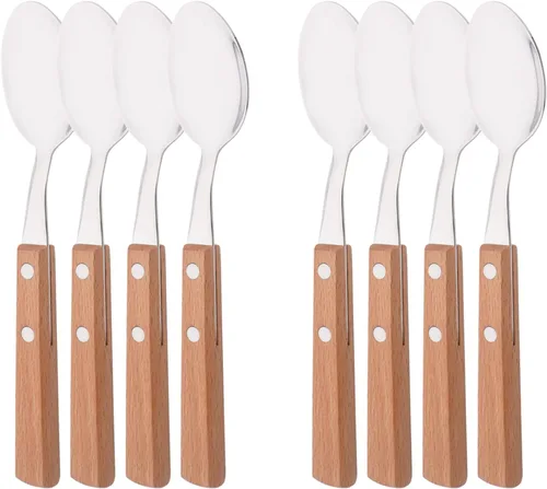 Vista 10 de Juego de 8 cucharas de espresso, juego de cubiertos de acero inoxidable 304 con mango de madera, cucharas pequeñas para postre, té, aperitivo, café