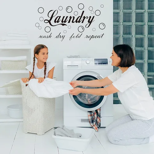 Vista 4 de 23 calcomanías de vinilo de pared características para cuarto de servicio, con texto en inglés "Wash Dry Fold Repeat Repeat", calcomanías