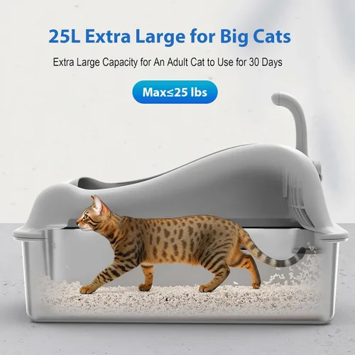 Vista 2 de Furkid Caja de arena para gatos de acero inoxidable con tapa, caja de arena extra grande XL para gatos grandes, bandeja de metal de alta cara
