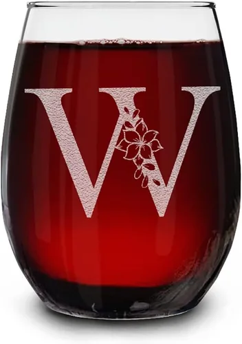 Vista 26 de Copa de vino sin tallo, con monograma floral, grabada con láser, 15 onzas, regalo inicial personalizado para ella (B)