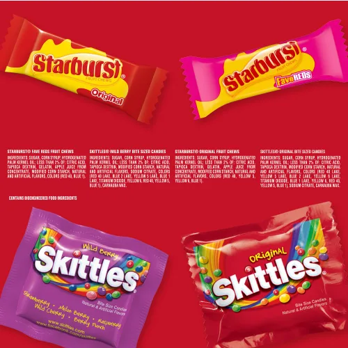 Vista 8 de Skittles, Starburst Fun Size Chewy Candy Surtido Variedad, envueltos individualmente, 32.28 onzas, bolsa a granel