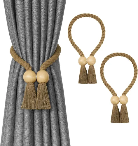 Vista 65 de NICEEC 2 Pack de Alzapaños Magnéticos de Madera en Forma de Cubo Boho para Decoración del Hogar, Alzapaños de Lino Tejidos a Mano para Cortinas Beige