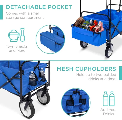 Vista 4 de Best Choice Products Vagón Utilitario Plegable Colapsible para Exteriores con Toldo, Carrito de Jardín para Playa, Pícnic, Campamento, Fiestas