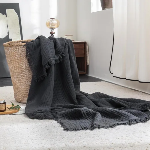 Vista 19 de FOSSA Manta de Muselina con Flecos - Gasa de Algodón 100% de 4 Capas Súper Suave y Transpirable - Manta Decorativa Ligera y Refrescante para Cama