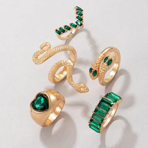 Vista 6 de Anillos de serpiente de cristal verde para mujeres y adolescentes, conjuntos de anillos de dedo apilables estilo bohemio, retro, anillos simples a