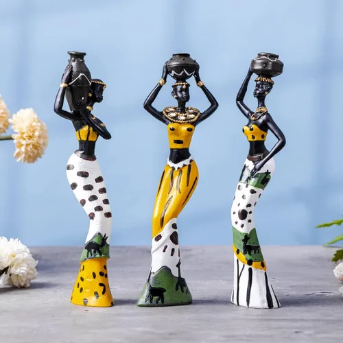 Vista 4 de Galiyen Paquete de 3 estatuas y esculturas africanas para mujeres, figuras exóticas tribales para decoración del hogar, figuras afroamericanas