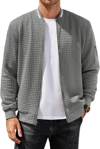 Vista 8 de COOFANDY - Chaqueta de suéter con cremallera para hombre, sudadera acanalada, bomber ligera, casual