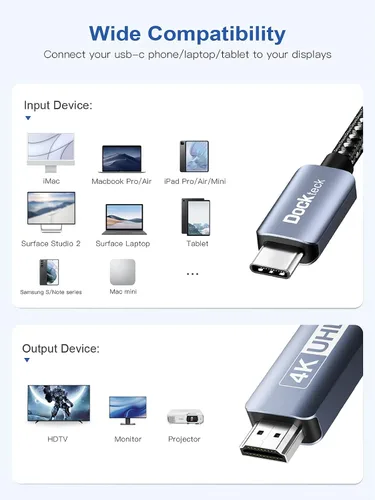 Vista 7 de dockteck Cable USB C a HDMI 4K 60Hz para iPhone 15, cable trenzado Thunderbolt 3/4 a HDMI de 6 pies, cable trenzado HDMI de alta velocidad HDR USB C