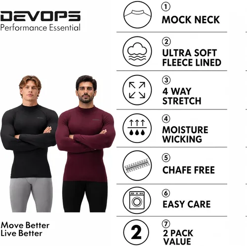 Vista 5 de DEVOPS Paquete de 2 camisetas térmicas de compresión de manga larga con cuello alto para hombre negro (Black / Wine)