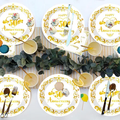 Vista 4 de 80 platos de papel para aniversario del 50 aniversario, suministros de fiesta de boda dorados, platos de postre de 7 pulgadas, para decoración
