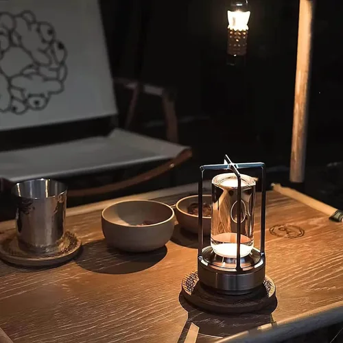 Vista 4 de Lámpara de cristal, lámpara de mesa, lámpara de farol de cristal, 3 colores, luces LED inalámbricas recargables para luces de restaurante, plateado