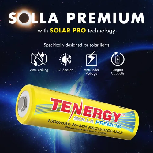 Vista 2 de Tenergy Solla - Batería recargable NiMH AA de alta calidad, baterías solares de 1300 mAh para luces solares de jardín, antifugas, durabilidad al