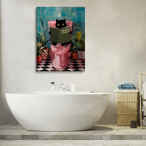 Vista 3 de Divertido arte de pared de gato negro para baño, periódico de lectura de gatos sobre inodoro, póster de mascota humorística rosa para decoración
