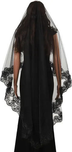 Vista 5 de Acenail Black Lace Veil Brides Wedding Veils Long Cathedral Veil with Comb Mourning Funeral Corpse Halloween Costume Veils Negro 110