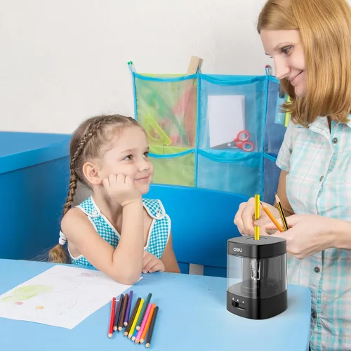 Vista 6 de Deli - Sacapuntas eléctrico, sacapuntas automáticos para lápices n.º 2 y lápices de colores, sacapuntas operado por USB y batería para niños, Negro