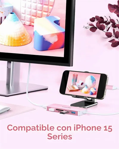 Vista 7 de LENTION Concentrador USB C 6 en 1, 3 USB3.0, 4K@30Hz, lector de tarjetas Rosa