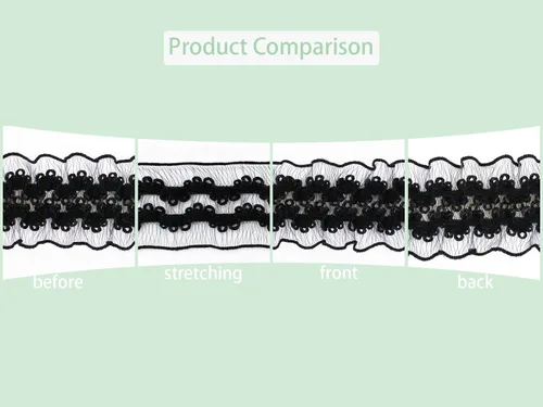 Vista 4 de Cinta de encaje elástica negra con volantes de 20 yardas para coser de 1 pulgada de organza de doble onda, ajuste de encaje, ropa y ropa
