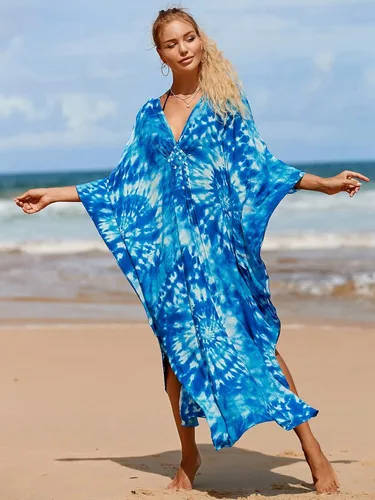 Vista 2 de Vestidos caftán para mujer, estampado étnico, vestido de playa estilo caftán, talla grande, salida de baño