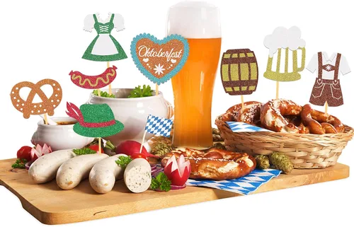 Vista 5 de 24 adornos para cupcakes con purpurina para el Oktoberfest, decoración para tartas del día de la cerveza, para festivales bávaros para suministros