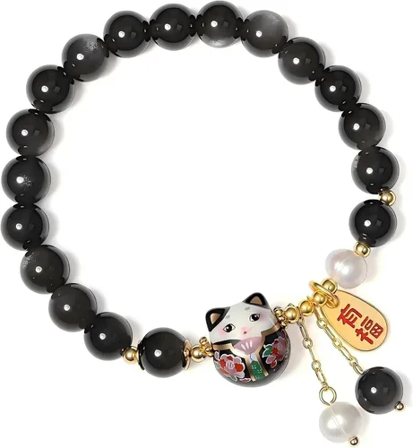 Vista 2 de Pulsera de gato de la suerte con cristal azul, colgante de gato de cerámica, joyería de buena suerte Feng Shui para mujer, pulsera de riqueza