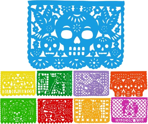 Vista 10 de Dia de los Muertos Papel Picado (PAPEL) – Decoración de fiesta del Día de Muertos (paquete de 4, 10 banderas por bandera) – Papel Picado Mexicano