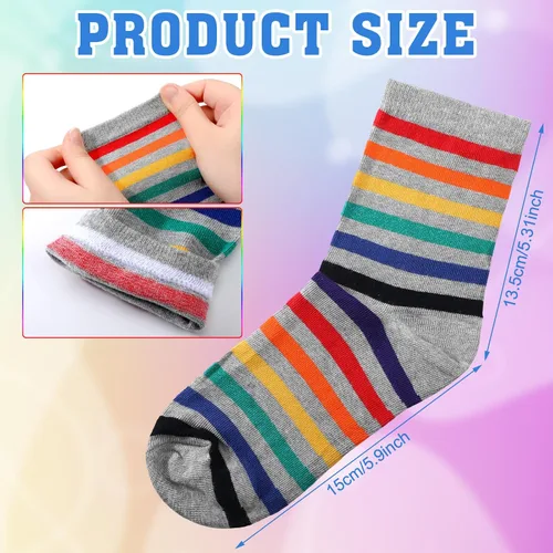 Vista 3 de Bencailor 6 pares de calcetines deportivos de algodón a rayas, diseño de arco iris, calcetines tobilleros de algodón, casuales, multicolor, unisex