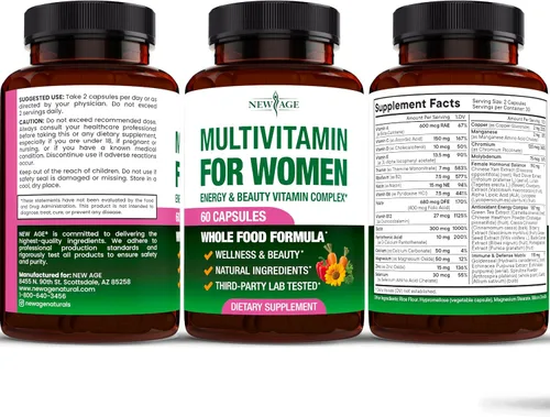 Vista 8 de NEW AGE Multivitamínico para mujer, complejo B, alimentos integrales, soporte para el cabello, hierro, multivitamínico todo en 1 para mujer