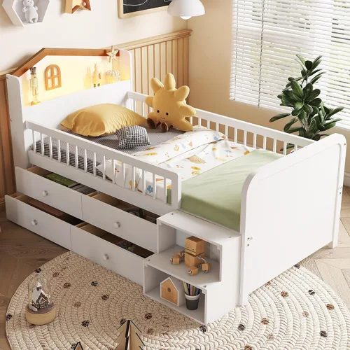 Vista 16 de VilroCaz Cama de plataforma de tamaño individual con barandilla y cabecera multifuncional, base de cama de plataforma de madera con 2 cajones