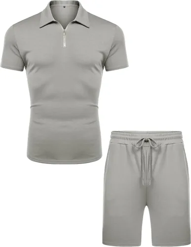 Vista 2 de URRU Conjunto de camisa polo y pantalones cortos de manga corta para hombre, conjunto de dos piezas de verano con cremallera, conjunto deportivo