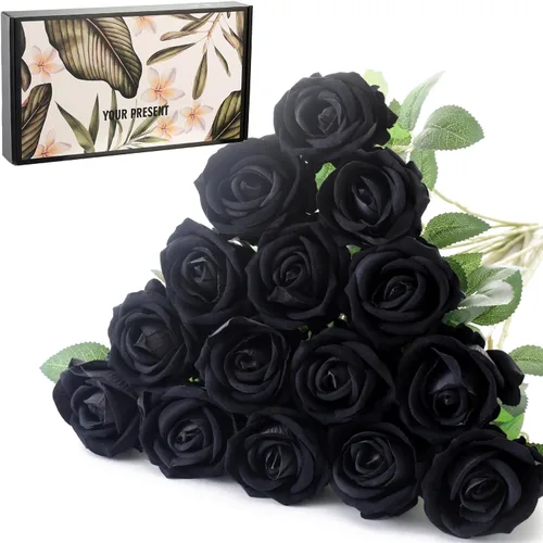 Vista 19 de 12 rosas artificiales de terciopelo sintético para decoración del hogar y boda (rosa perla, negro)