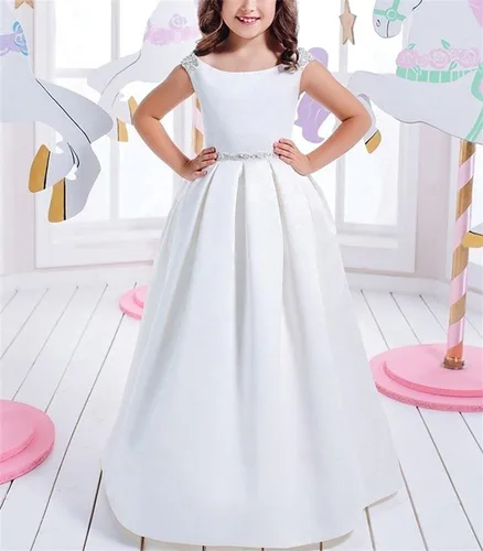 Vista 3 de Vestidos blancos de primera comunión para niñas de 7 a 16 años con volantes de satén para fiesta de cumpleaños