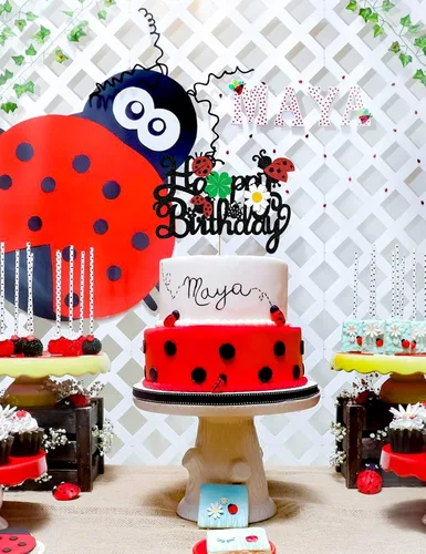 Vista 7 de Decoración para tartas de mariquitas, decoración de feliz cumpleaños para niños y niñas, mariquita con purpurina, trébol de margaritas, suministros