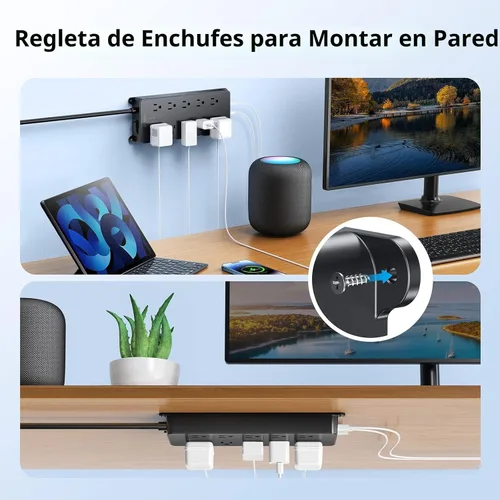 Vista 6 de TROND - Alargador de corriente con protector contra sobretensiones, 4000 J, certificado ETL, 10 salidas ampliamente espaciadas con 2 USB A y 2 USB