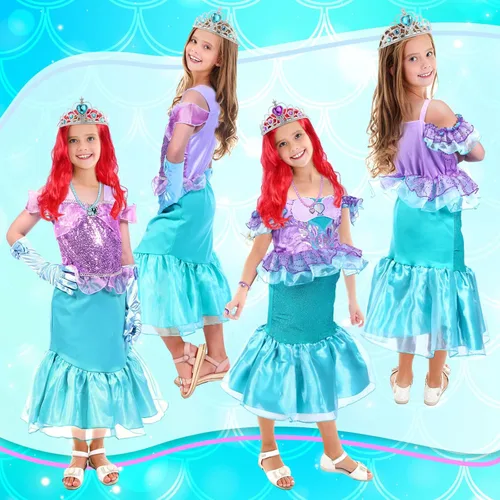 Vista 5 de Disfraz de sirena de princesa de 2 piezas, vestido de fiesta de carnaval, Halloween, cumpleaños, vestido con accesorios