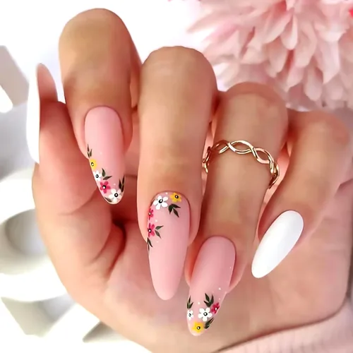 Vista 13 de Uñas postizas largas a presión de almendra, uñas postizas Aurora con punta francesa, 24 unidades, naturales, brillantes, cobertura completa