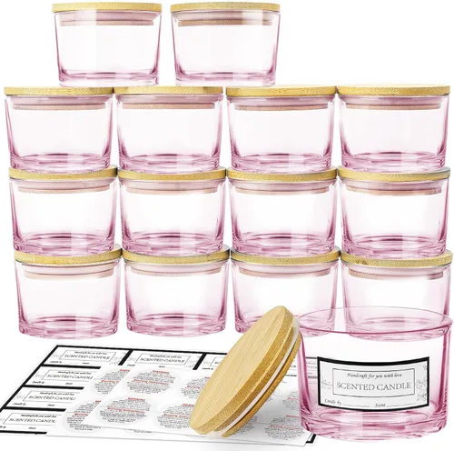 Vista 18 de CONNOO Paquete de 15 tarros de vela de vidrio ámbar de 4 onzas con tapas de bambú para hacer velas, recipientes de vidrio pequeños de boca ancha a